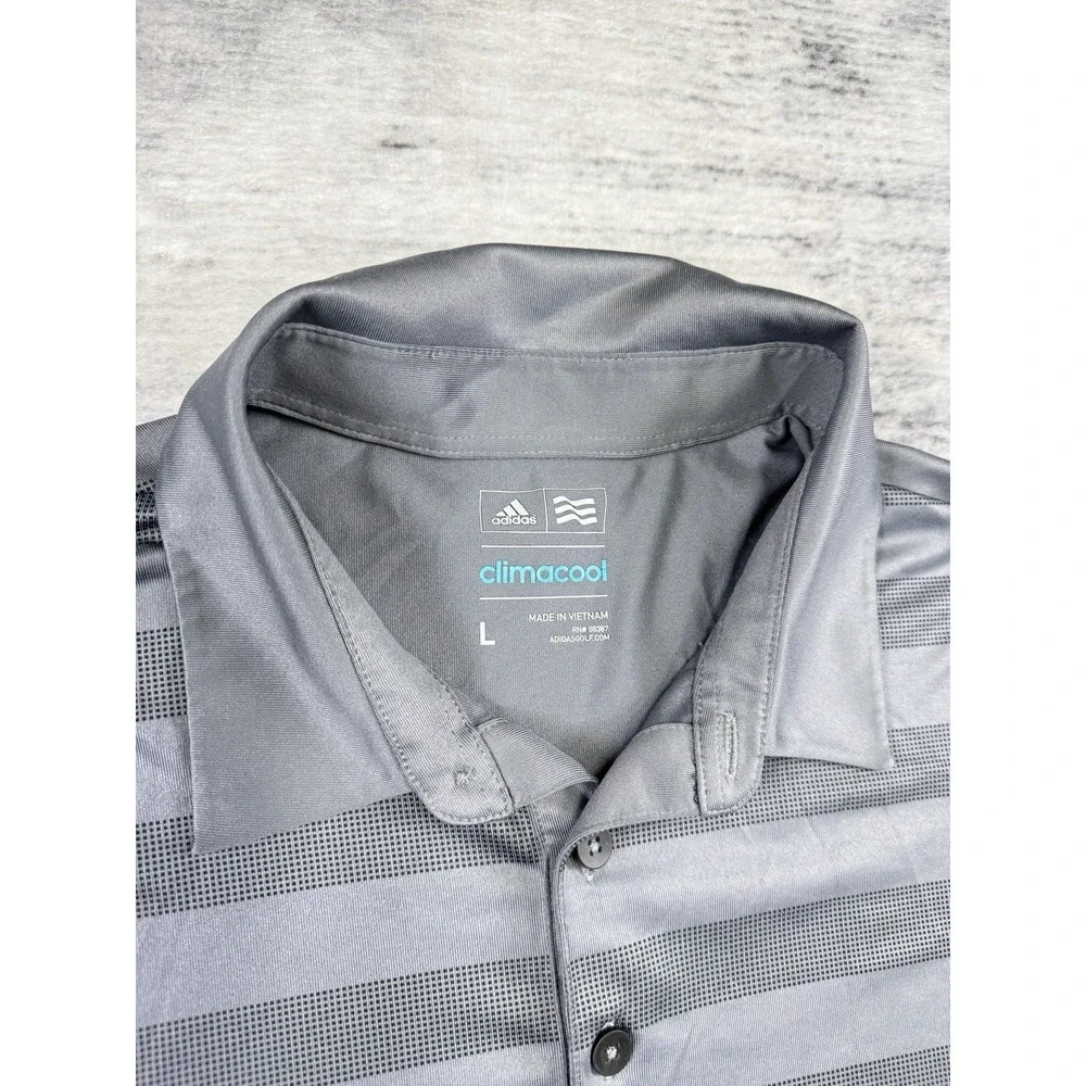 Adidas Men's Gray Striped Climacool Short Sleeve Polo Shirt Size L Preppy